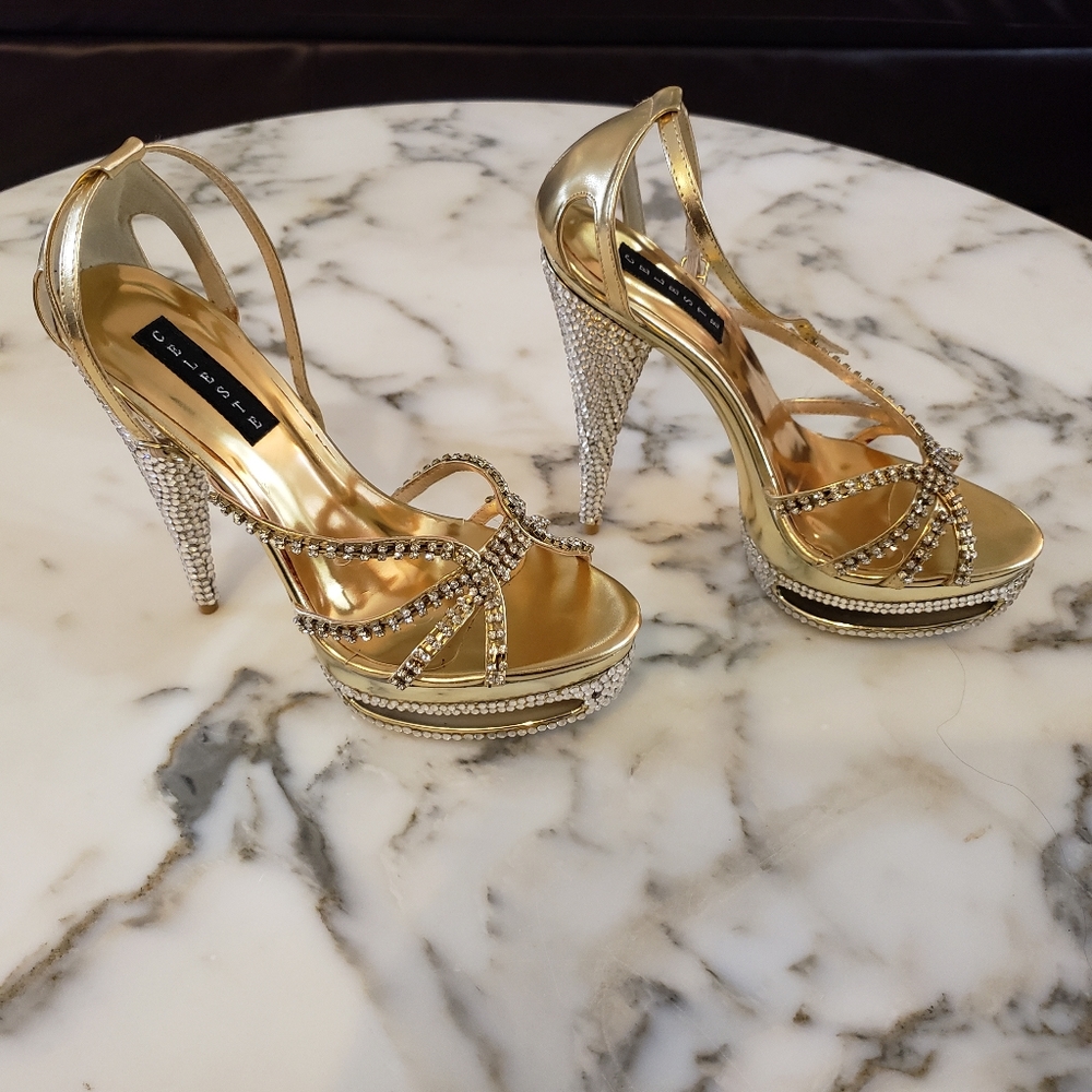 Gold Rhinestone platform sandal heels 8.5